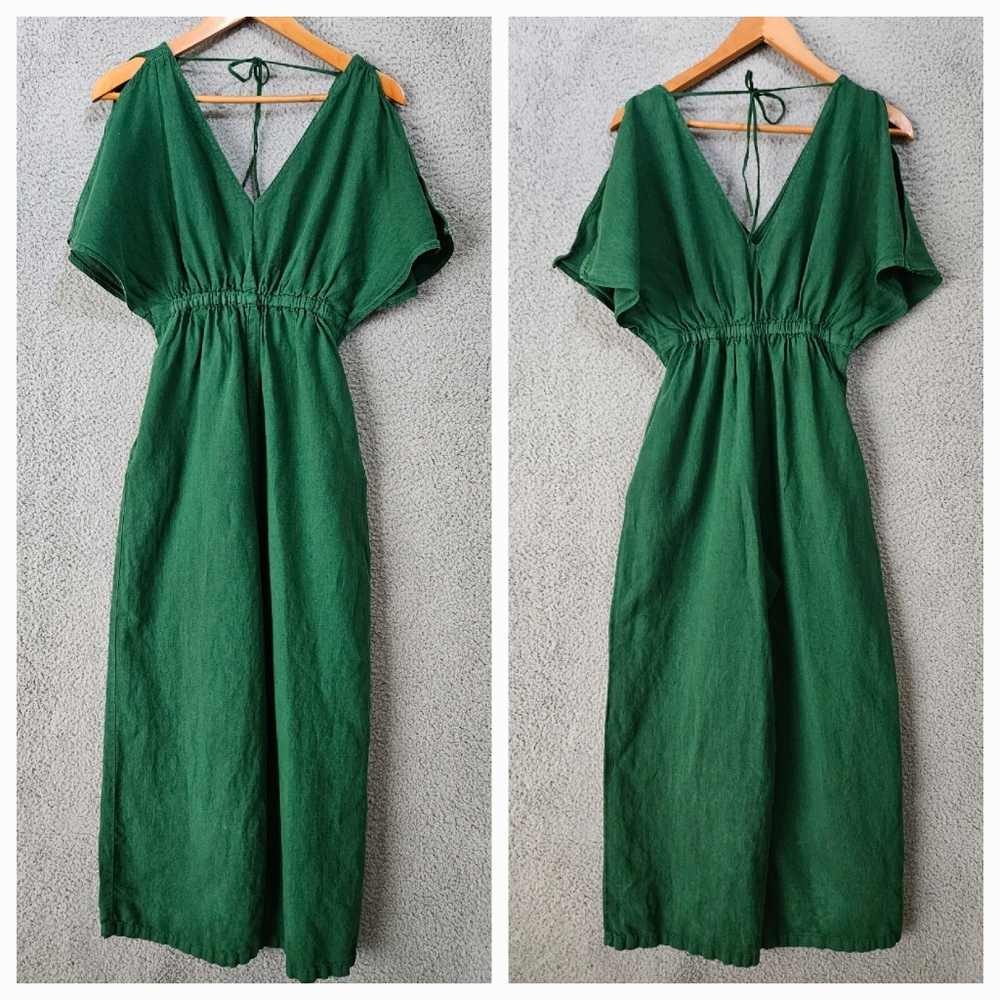 Zara Green Jumpsuit XS Rustic Linen Blend Wide Leg V-Neck Tie Back Short Sleeve